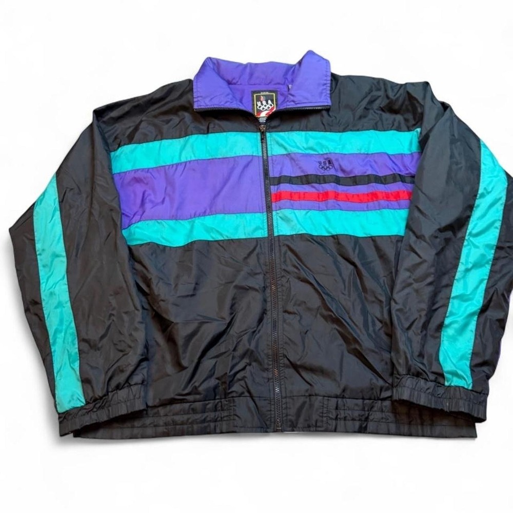 Vintage USA Olympic Windbreaker Jacket Men's Large Colorblock Nylon 90s
